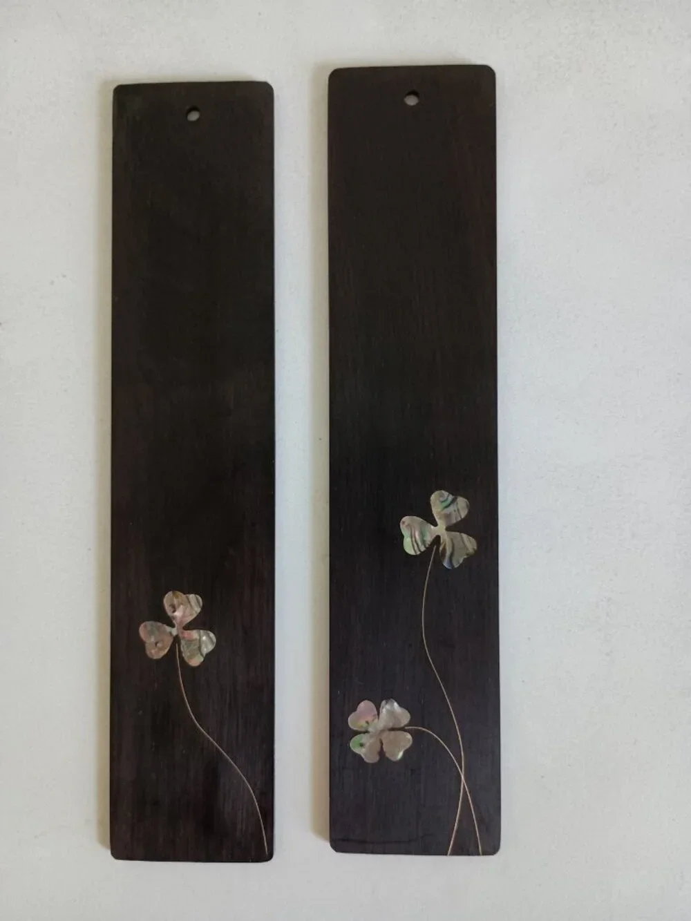 2 wood bookmarks with mother of pearl inlay clovers